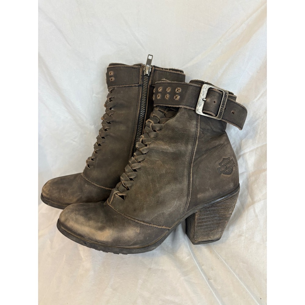 Harley Davidson Calkins Black Leather Moto Ankle Boots Studded Buckle Womens 9M